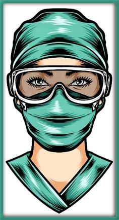 a woman in scrubs and goggles wearing a surgical mask with glasses on her face