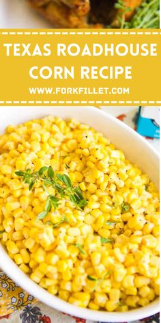 a white bowl filled with corn and topped with parsley