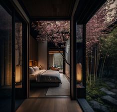 a bedroom with a large bed sitting under a tree