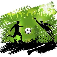 two people are playing soccer in front of a green grungy background with black and white graphics