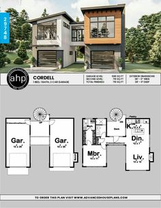 two story house plan with garage and living room in the middle, three car garage