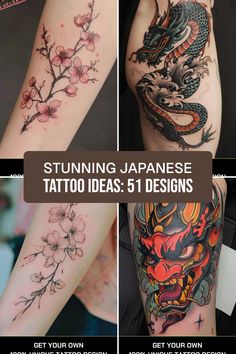 some tattoos that are in different styles and colors, with the words stuing japanese tattoo ideas