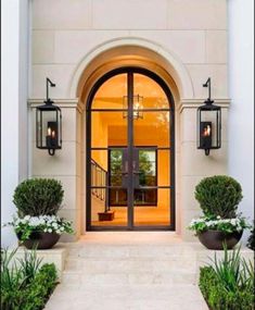 an entrance to a home with two potted plants