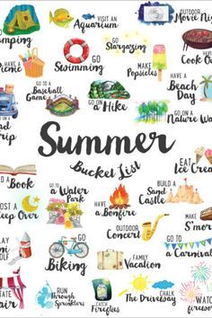 a poster with the words summer written in different languages and pictures, including an image of a