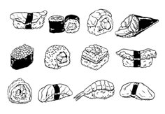 sushi hand drawn in black and white on a white background, set of nine different kinds of sushi