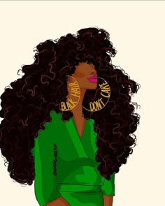 an illustration of a woman with curly hair and earrings on her ear, wearing a green top