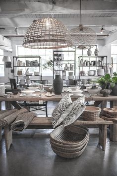 a room filled with lots of wooden tables and chairs