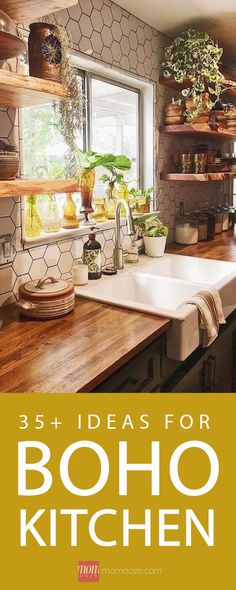 the kitchen is decorated in brown and white with lots of greenery on the shelves