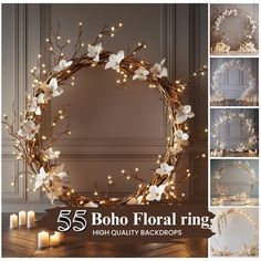 the wreath is decorated with white flowers and lights