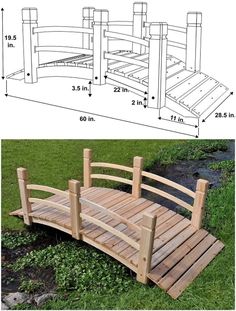 a wooden bench sitting on top of a lush green field next to a small bridge