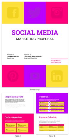 the social media marketing proposal is shown in purple, yellow and pink colors with an image of