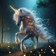 a white unicorn is running through the woods with fireflies around it's neck