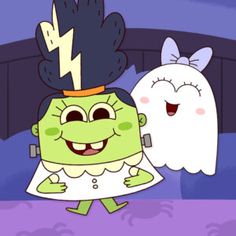 a cartoon character is standing in front of a ghost