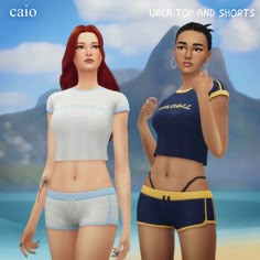 two animated women standing next to each other on a beach with mountains in the background