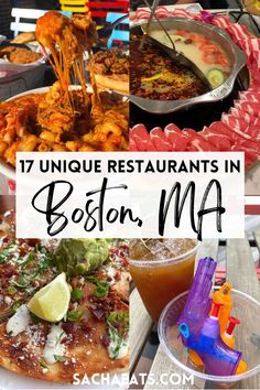 17 Unique Restaurants in Boston title, bbq pulled pork mac and cheese in the top left corner, hotpot in top right corner from Chinese restaurant in Boston, Quesadilla from Mexican restaurant in Boston, & Shore Leave cocktails at a bar in the city. The bottom says sachaeats.com Boston Tourist Outfit, Boston Date Ideas, Must Do Things In Boston, Boston Food Bucket List, Boston Speakeasy, Things To Do In Boston Massachusetts, Shopping Boston, Couple Vacay, Boston Bars