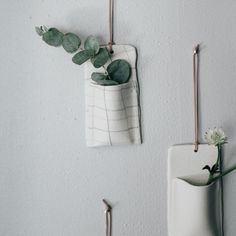 two white vases with plants in them hanging from hooks on the wall next to each other