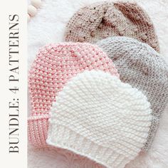 three knitted hats laying next to each other on top of a white blanket with text overlay