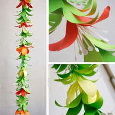 three different images of paper christmas trees and garlands hanging from the ceiling with ribbons