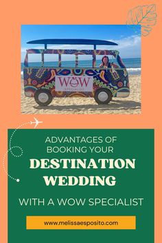 an advertisement for destination wedding with a colorful bus