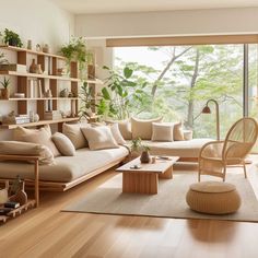 a living room filled with lots of furniture and plants on the wall above it's windows