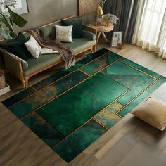 a green area rug with gold trimmings on the floor in a living room