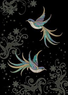 two birds flying in the air with swirls and flowers on black background, one bird has its wings spread out