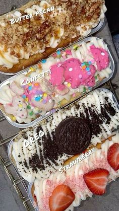 three trays filled with different types of desserts