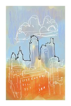 an abstract drawing of buildings and clouds in the sky