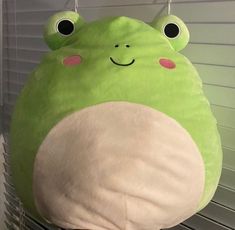 a green frog pillow hanging on a rack in front of a window with blind blinds