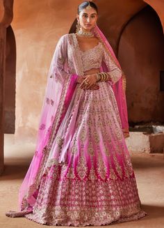 Radiant Pink Bridal Ombre Silk Lehenga Set Nitika Gujral - Fabilicious Fashion India Outfits, Ombre Dupatta, Crystal Work, Lehenga Dupatta, Raw Silk Lehenga, Crystal Embroidery, Bridal Lehenga Red, Padded Blouse, Fuschia Pink