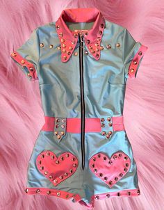 The achy breaky-heart bodysuit made of elastic fabric in both directions.  Features a collar and short sleeves Interlining waistband that enhances and provides stiffness.  Western trouser style belt loops and sweet heart-shaped pockets on the front Western-style back yoke and two pockets  Contrast color strips on sleeves and hem.  100 rivets.  Offered in contrasting blue/ pink color but with possibilities to make it in another color combination, if you wish!  I am also open to make pattern modif Heart Bodysuit, Art Outfit, Womens Jumpsuits, Trouser Style, Elastic Fabric, Sweet Heart, Character Outfits, Art Clothes, Western Style