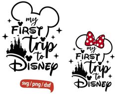 mickey mouse and minnie mouse with the words my first trip to disney svg / dxf