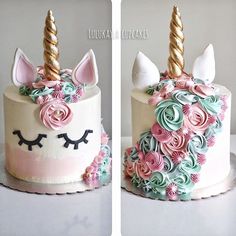 two cakes decorated with flowers and unicorn heads