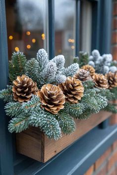 some pine cones are sitting in a window sill