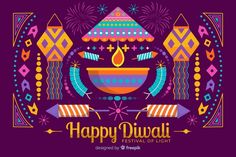 happy diwali festival with colorful lights and decorative objects on purple background, flat lay style