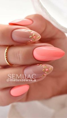 Unghie Sfumate, Peach Nails, Coral Nails, Fake Nails With Glue