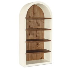 a wooden shelf with two shelves on each side and an arched doorway at the top