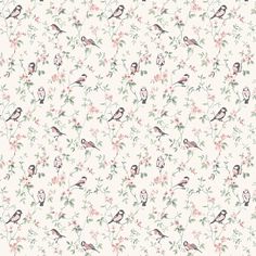 a floral wallpaper with small birds and flowers on it's sides, all in pastel colors