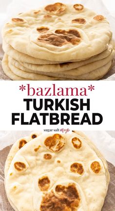 three flatbreads stacked on top of each other with the words bazlama written