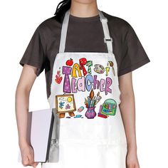 a woman wearing an apron with the words happy teacher written on it and pictures behind her