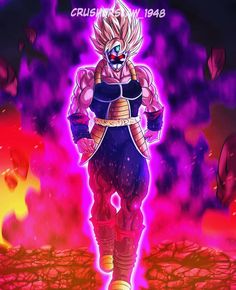 the dragon ball character is standing in front of purple and red fire with his hands on his hips