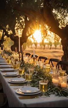 an outdoor dinner table set with candles and place settings in front of olive trees at sunset