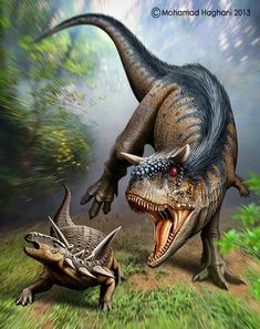 an artist's rendering of two dinosaurs attacking each other