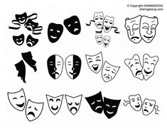 various masks with faces drawn in black and white