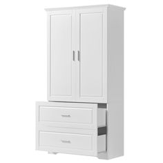 a white armoire with two drawers next to it