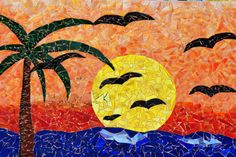 a painting with birds flying over the ocean and palm trees in front of an orange sky