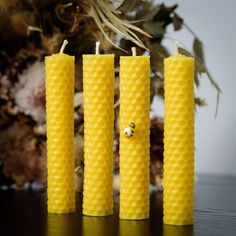 three bees are sitting in front of four yellow candles with honeycombs on them