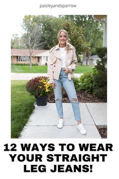 Here are 12 cute outfit ideas you can copy! 12 ways to wear your straight leg jeans. Straight Jeans And Tennis Shoes Outfit, How To Wear Skinnies Jeans, What Shoes To Wear With Straight Leg Jeans, Straight Leg Jeans Outfits Casual, Dinner Outfit Spring, Straight Leg Jeans Outfits, Tennis Shoes Outfit, Cute Outfit Ideas, Jeans Outfit Summer