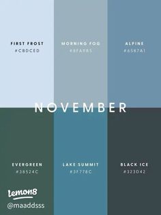 the color scheme for november is shown in blue, green and gray tones with white lettering