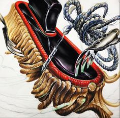 a drawing of a pair of shoes with rope and feathers on it's soles